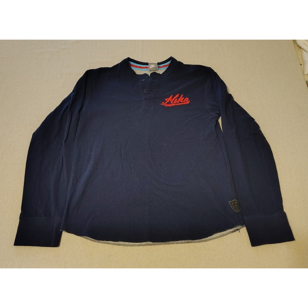 Nike Baseball Long Sleeve Henley Shirt Blue Red Embroidered Logo Men's Large DD